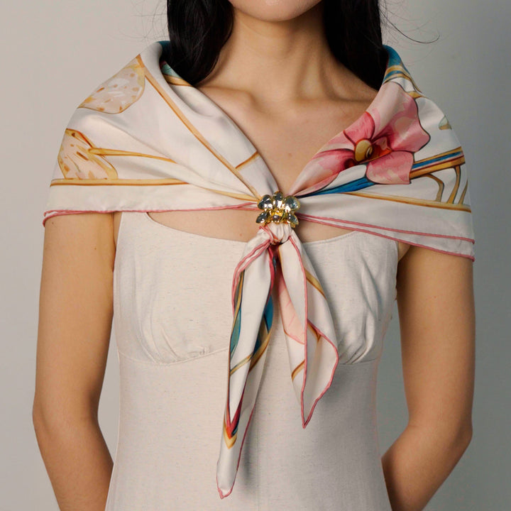 Orchid Silk Scarf with Scarf Ring In Gold and Palladium