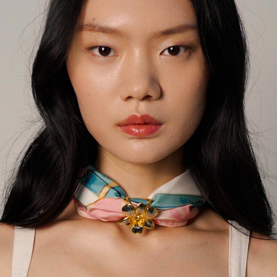 Orchid Silk Scarf with Scarf Ring In Gold and Palladium