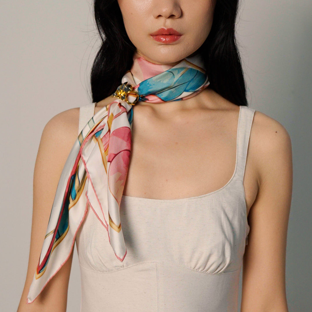 Orchid Silk Scarf with Scarf Ring In Gold and Palladium
