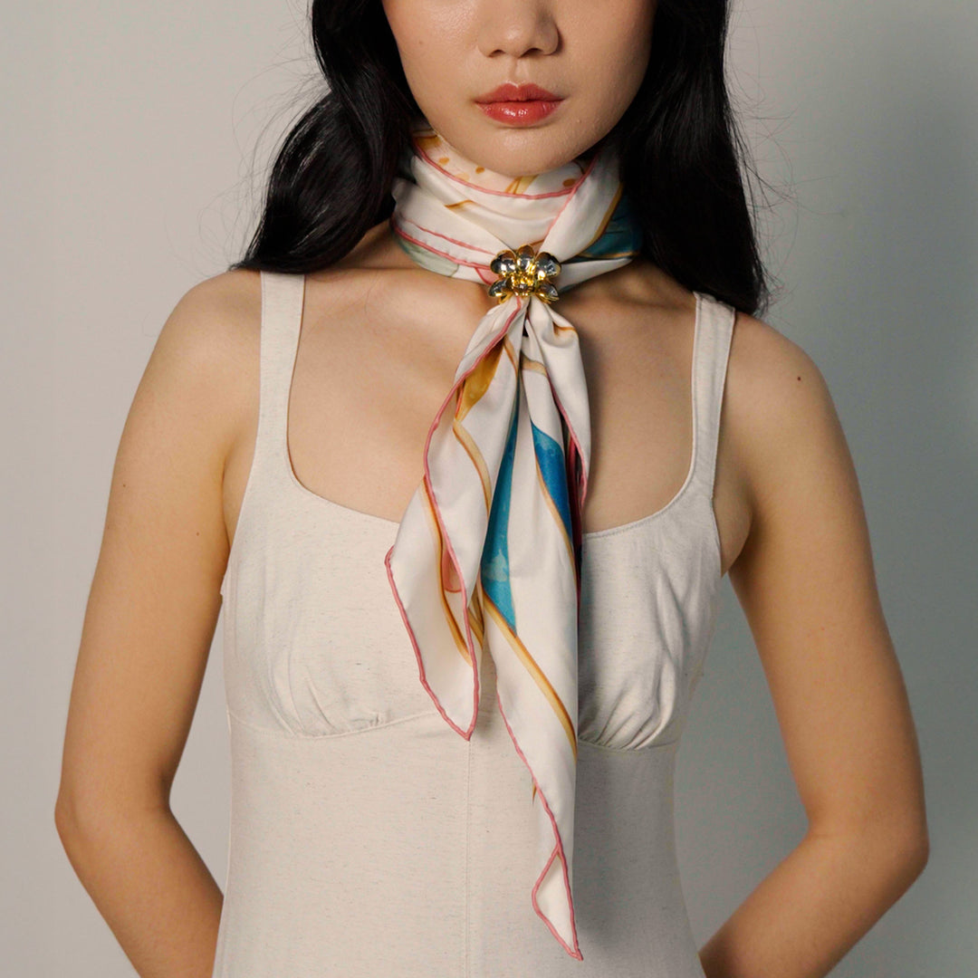 Orchid Silk Scarf with Scarf Ring In Gold and Palladium