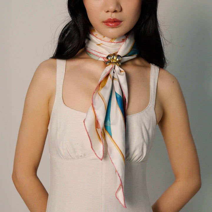 Orchid Silk Scarf with Scarf Ring In Gold and Palladium