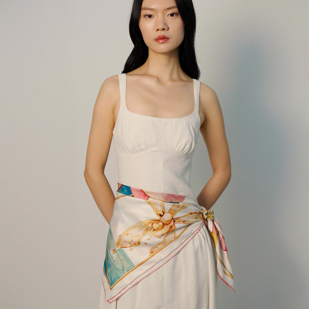 Orchid Silk Scarf with Scarf Ring In Gold and Palladium