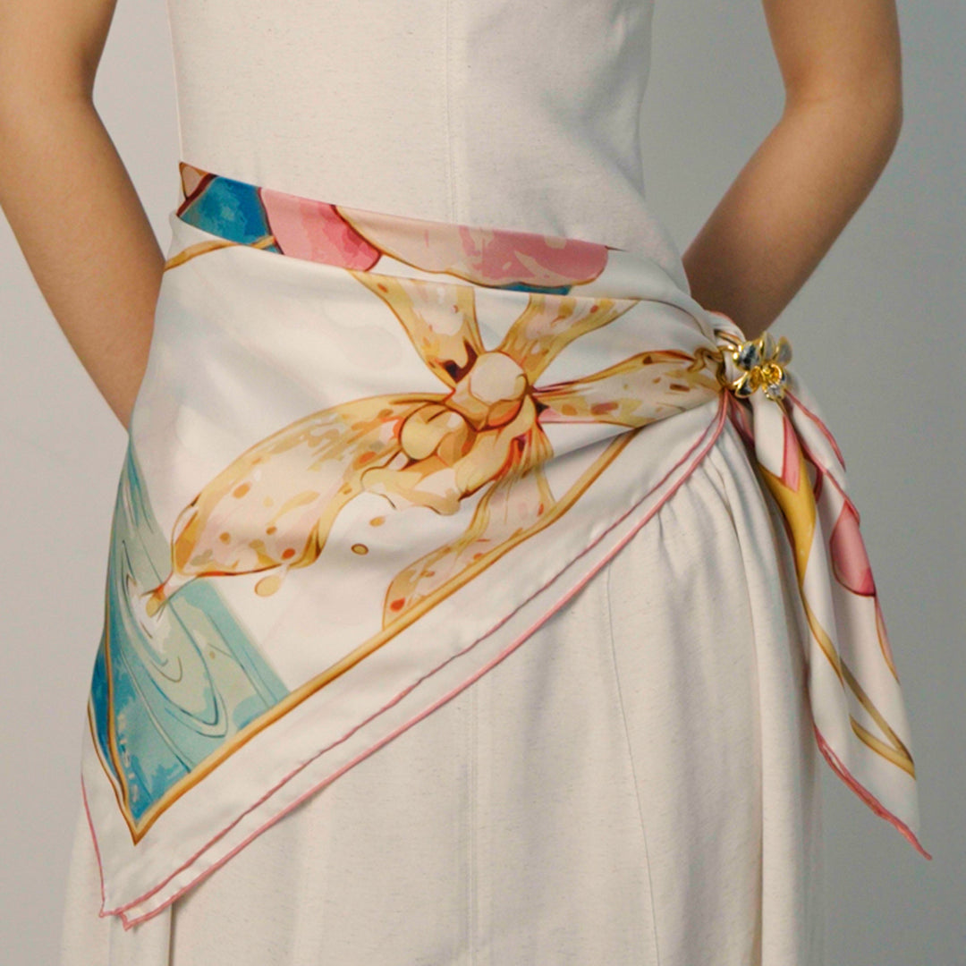 Orchid Silk Scarf with Scarf Ring In Gold and Palladium