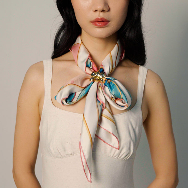 Orchid Silk Scarf with Scarf Ring In Gold and Palladium