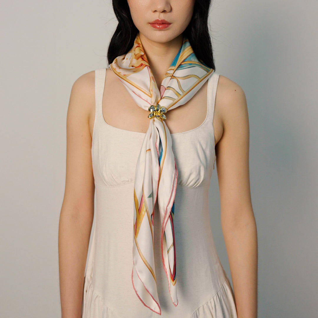 Orchid Silk Scarf with Scarf Ring In Gold and Palladium