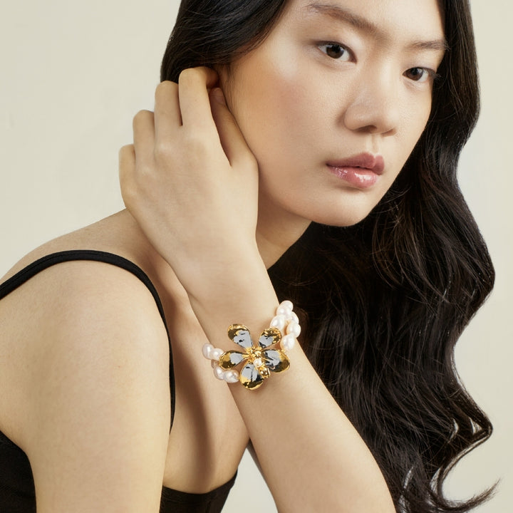 Mokara Orchid Pearl Bracelet encapsulated in 24K Swiss Gold and Palladium with Baroque Freshwater Pearls