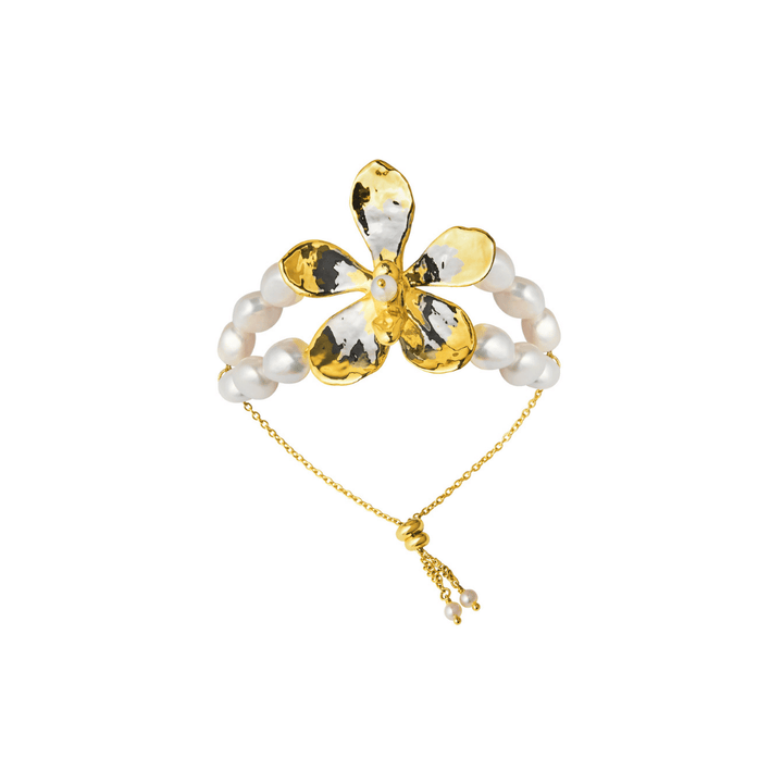 Mokara Orchid Pearl Bracelet encapsulated in 24K Swiss Gold and Palladium with Baroque Freshwater Pearls