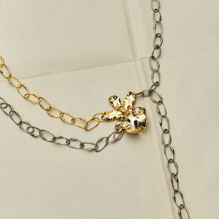 Oncidium Orchid Link Belt in Gold & Palladium, Natural Oncidium Wildcat Orchid Encapsulated; in 24K Swiss Gold and Palladium with Freshwater Pearl