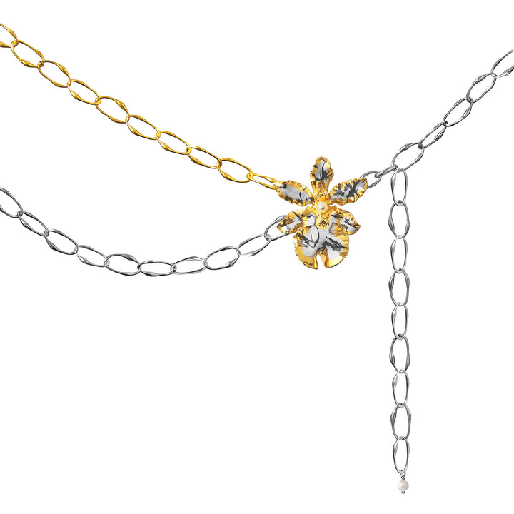 RISIS Oncidium Orchid Link Belt in Gold & Palladium, Natural Oncidium Wildcat Orchid Encapsulated; in 24K Swiss Gold and Palladium with Freshwater Pearl