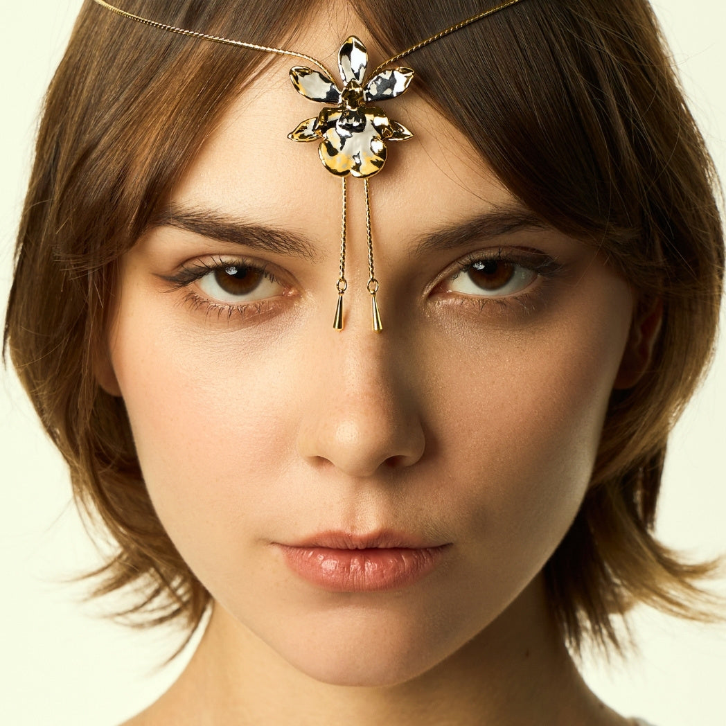 Oncidium Orchid Long Slider Necklace In Gold & Palladium, Encapsulated in 24K Swiss Gold and Palladium