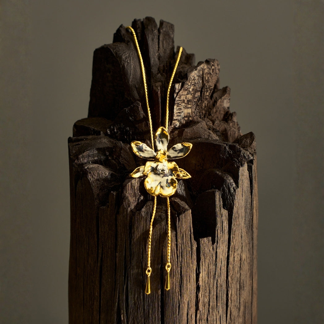 Oncidium Orchid Long Slider Necklace In Gold & Palladium, Encapsulated in 24K Swiss Gold and Palladium