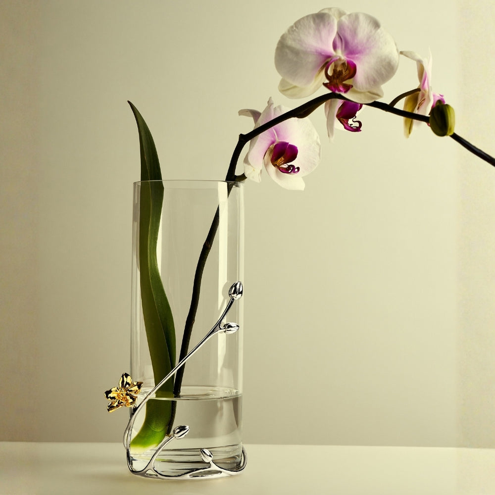 Orchid Designer Vase, Natural Kagawara Firebird Orchid Encapsulated in 24K Swiss Gold with Pewter Buds and Vines, on a Glass Vase.