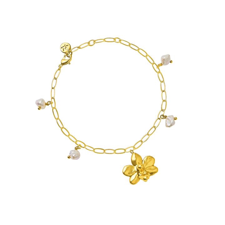 RISIS Orchid Paperclip Bracelet in Gold with Keshi Pearls, Natural Vandaenopsis Pulcherrimin Orchid Encapsulated in 24K Swiss Gold with Natural Keshi Freshwater Pearls