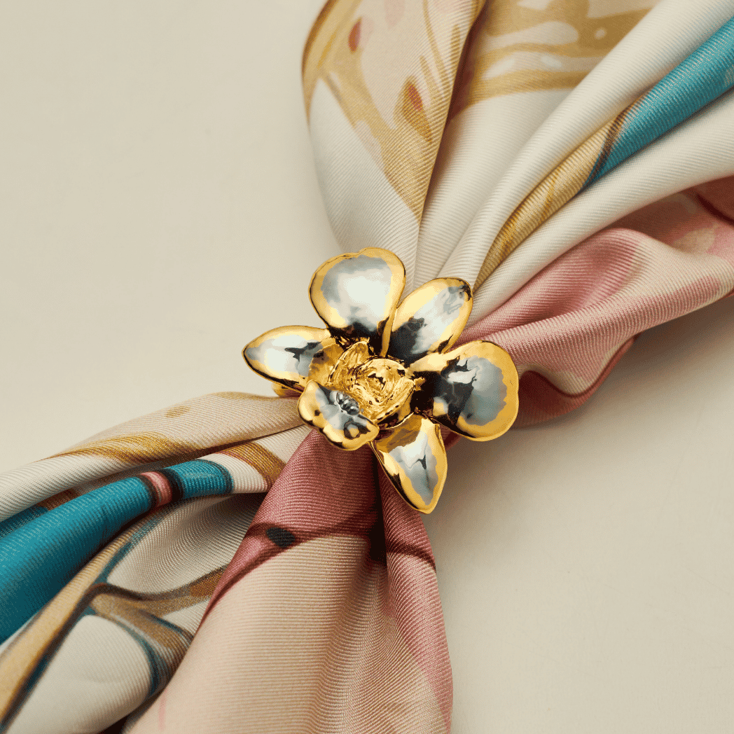 RISIS Orchid Silk Scarf with Scarf Ring In 24K Gold and Palladium