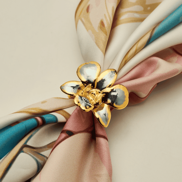 RISIS Orchid Silk Scarf with Scarf Ring In 24K Gold and Palladium