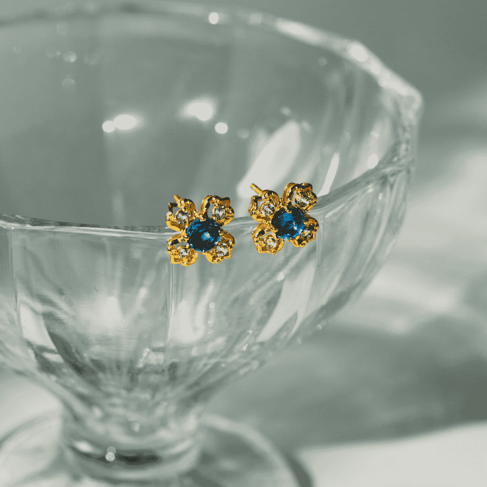 RISIS Peranakan Kebaya Gold Earrings with London Blue Topaz, 925 Silver Encapsulated in 24K Swiss Gold with London Blue Topaz and accented in White Topaz