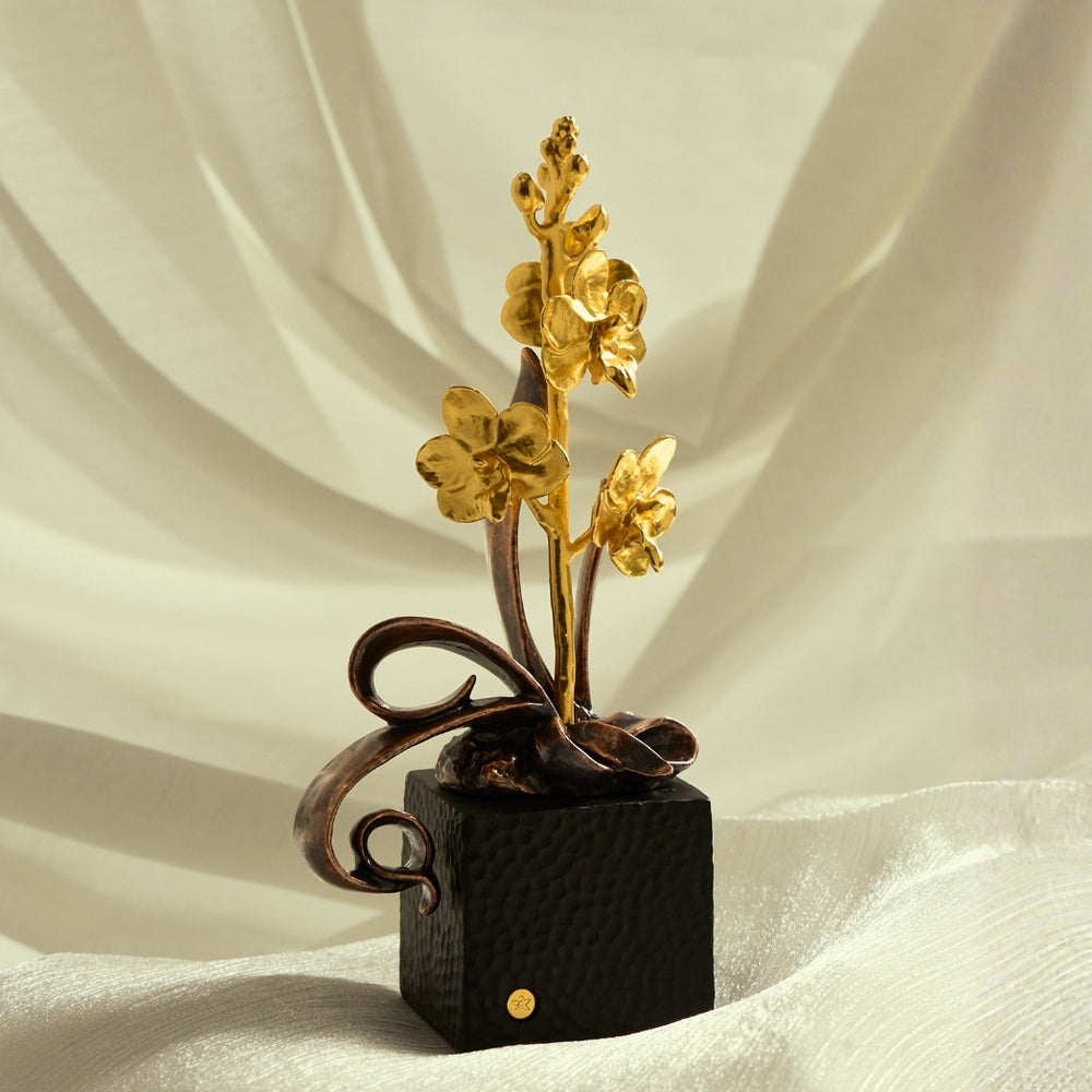 Petite Ascocenda Orchid Art Bonsai,  Encapsulated in 24K Swiss Gold on a Black Hammer Pot with Blackened Copper Leaves
