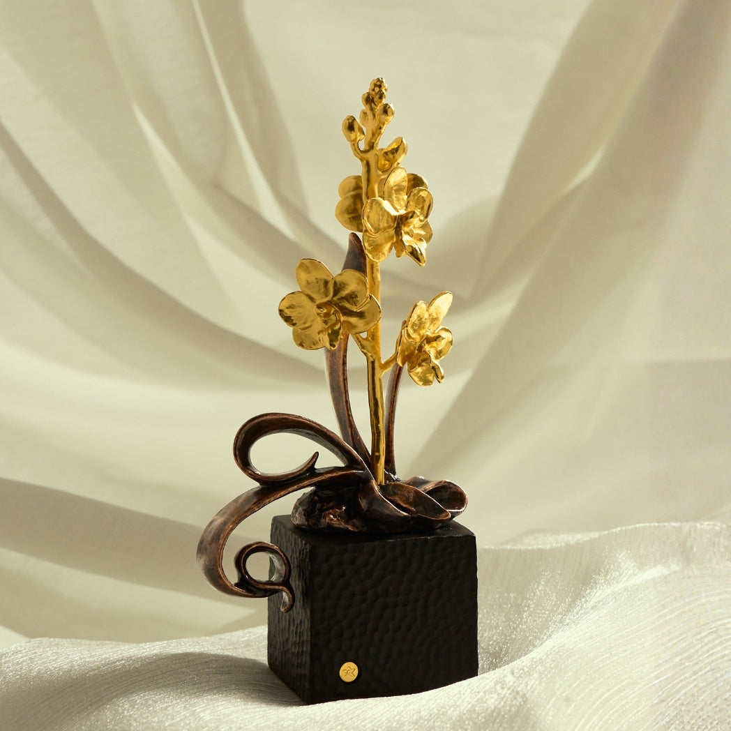 Petite Ascocenda Orchid Art Bonsai,  Encapsulated in 24K Swiss Gold on a Black Hammer Pot with Blackened Copper Leaves