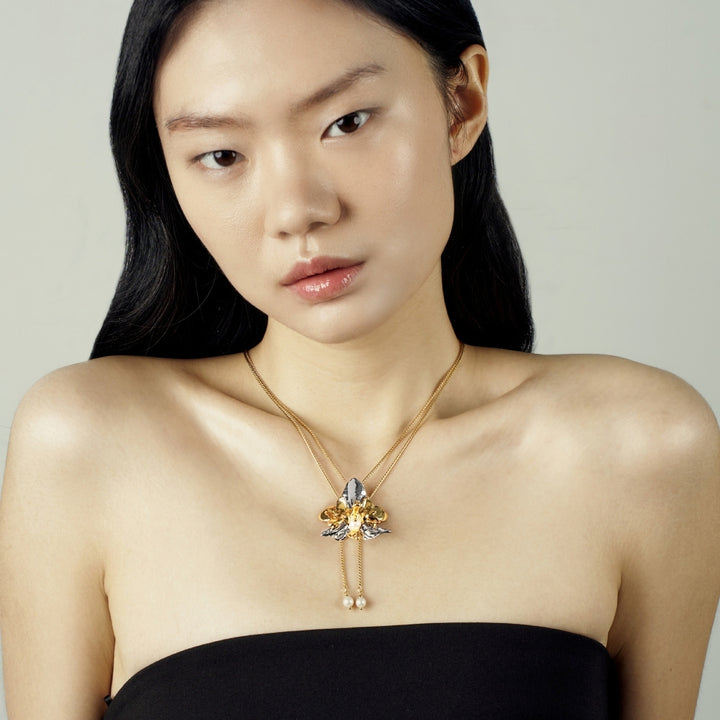 Phalaenopsis Cross Orchid Long Slider Necklace in 24K Gold with Pearl Tailends