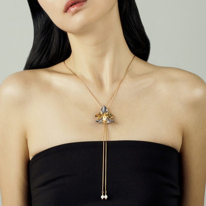 RISIS Phalaenopsis Cross Orchid Long Slider Necklace in 24K Gold with Pearl Tailends