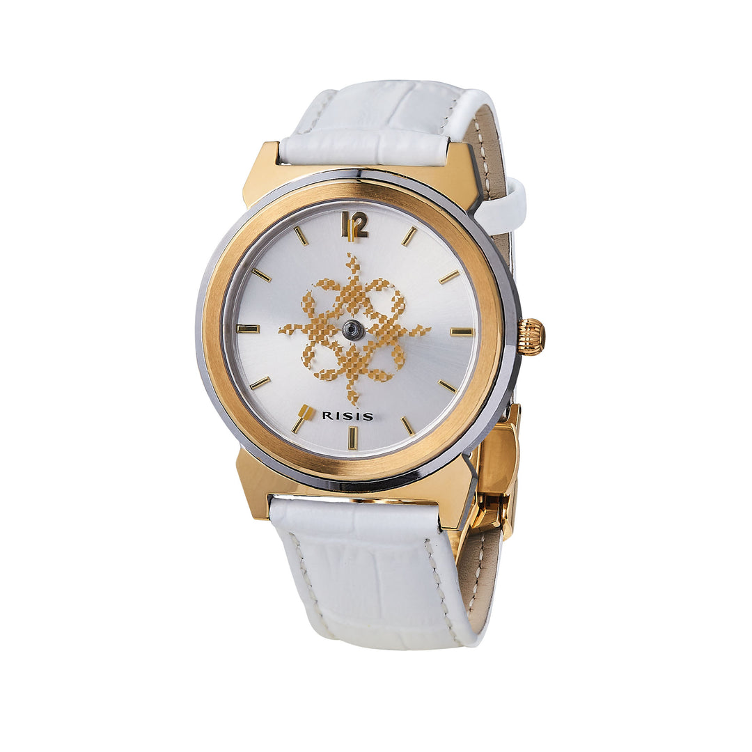 Gold wristwatch with white leather strap and gold bezel, dial with floral motif