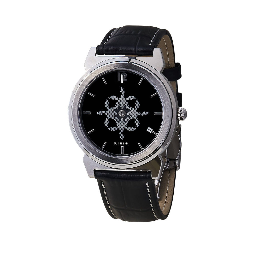 Horizon Orchid Jubilee Edition wristwatch with black dial, silver case, black leather strap