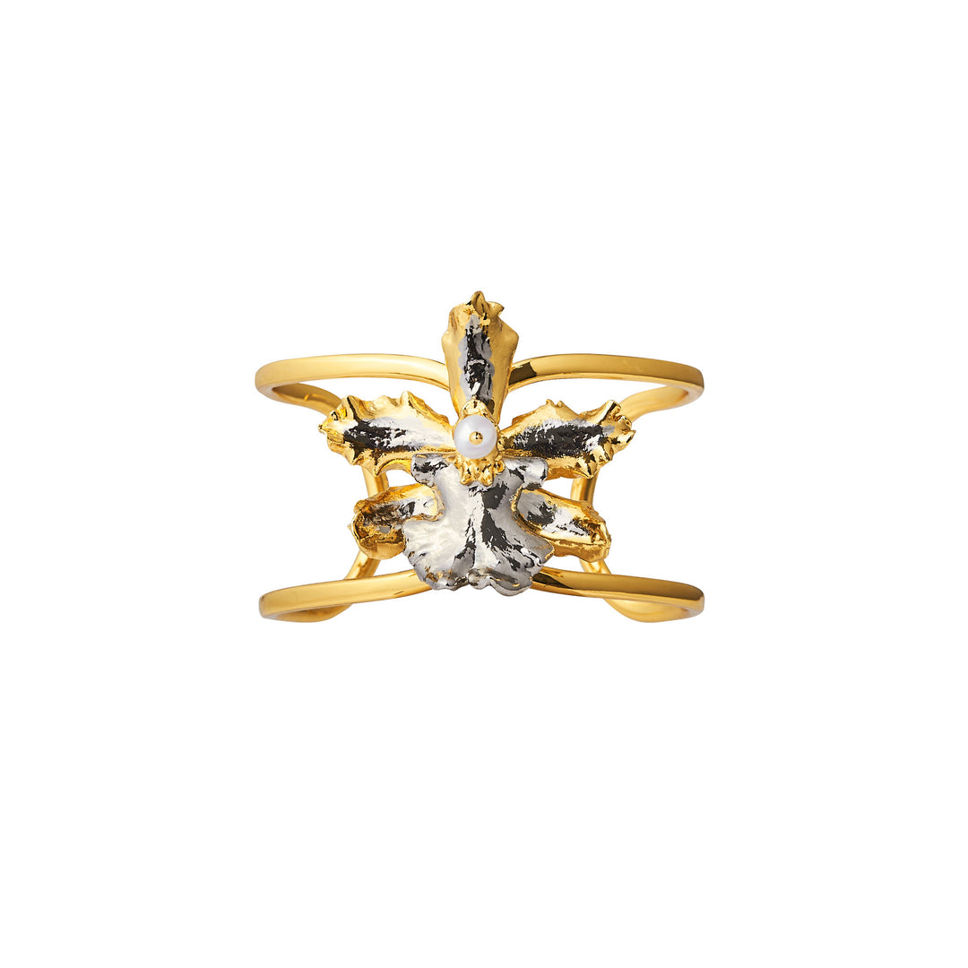 Orchid cuff bangle in gold with palladium floral motif and central pearl