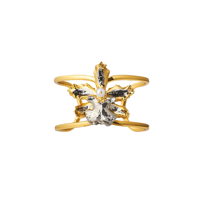 Orchid cuff bangle in gold with palladium floral motif and central pearl