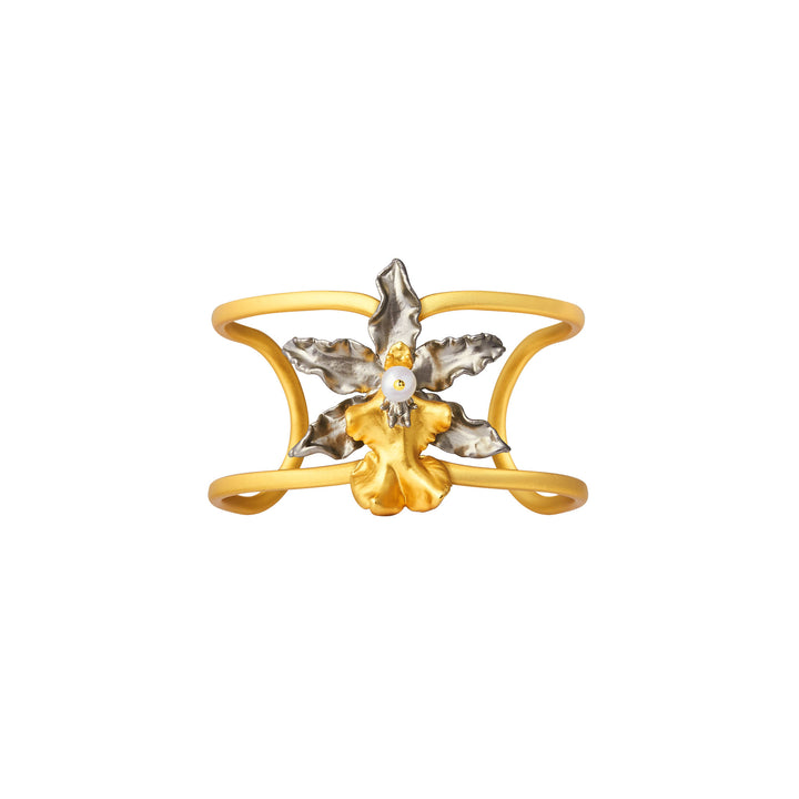 Gold cuff bangle with floral motif, palladium petals, and pearl center