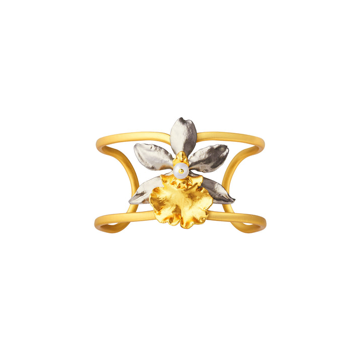 Gold-tone orchid cuff bangle with silver petals, pearl center, and gold flower