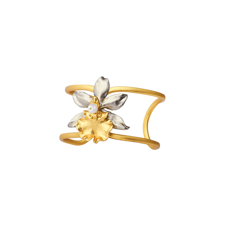 Gold-tone orchid cuff bangle with silver petals and pearl on gold flower centerpiece
