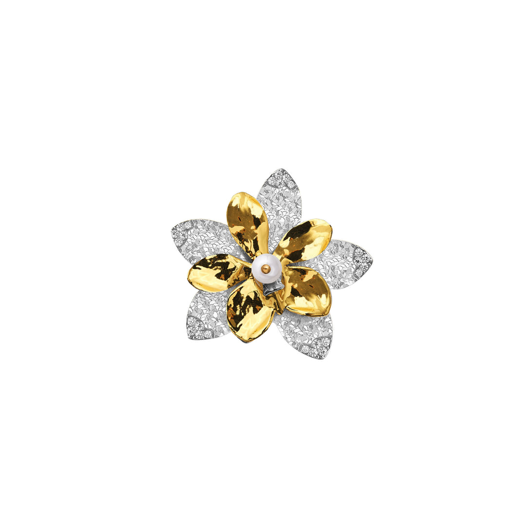 Lumina Golden Orchid Brooch with Pearl and Moissanite