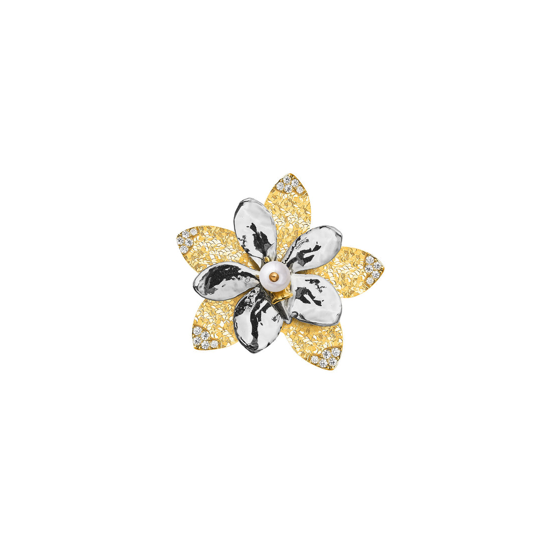 RISIS Lumina Silver Orchid Brooch with Pearl and Moissanite, Natural Aeridovanda Vieng Ping Orchid Encapsulated in 24K Swiss Gold and Palladium with Natural Freshwater Pearl and Brass Base Encapsulated in 18K Gold with Mossanites