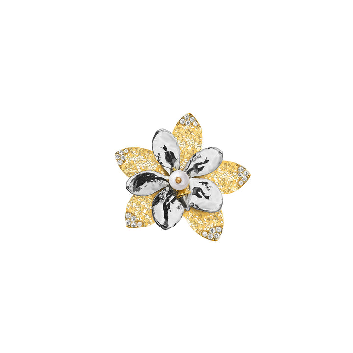 RISIS Lumina Silver Orchid Brooch with Pearl and Moissanite, Natural Aeridovanda Vieng Ping Orchid Encapsulated in 24K Swiss Gold and Palladium with Natural Freshwater Pearl and Brass Base Encapsulated in 18K Gold with Mossanites