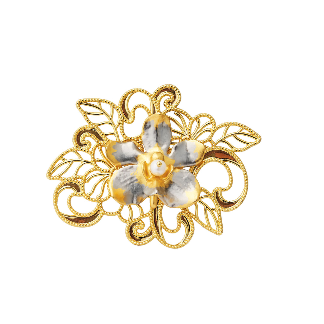 RISIS Peranakan Lace with Vanda Orchid Brooch in Gold and Palladium with Pearl