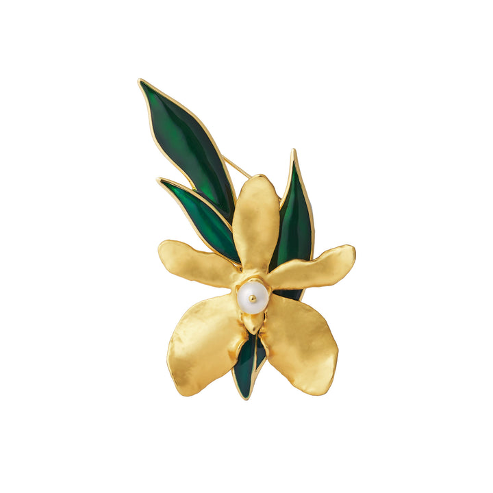 RISIS Orchid & Leaf Brooch in 24K Swiss Gold with Natural Freshwater Pearl and Green Enamel