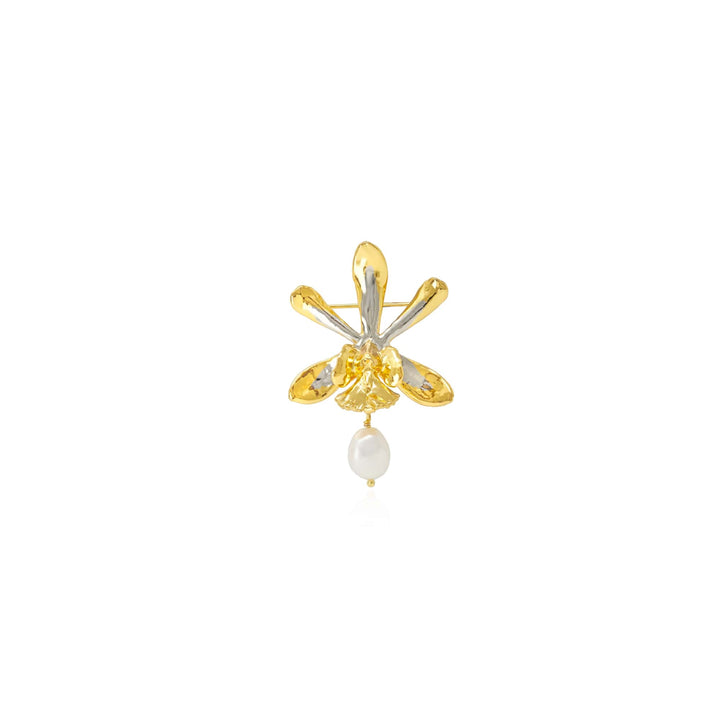 Risis Encyclia Tampensis Orchid Pearl Brooch - A golden earring shaped like a starburst with six glossy petals, a central gem, and a dangling white pearl accent at the bottom.