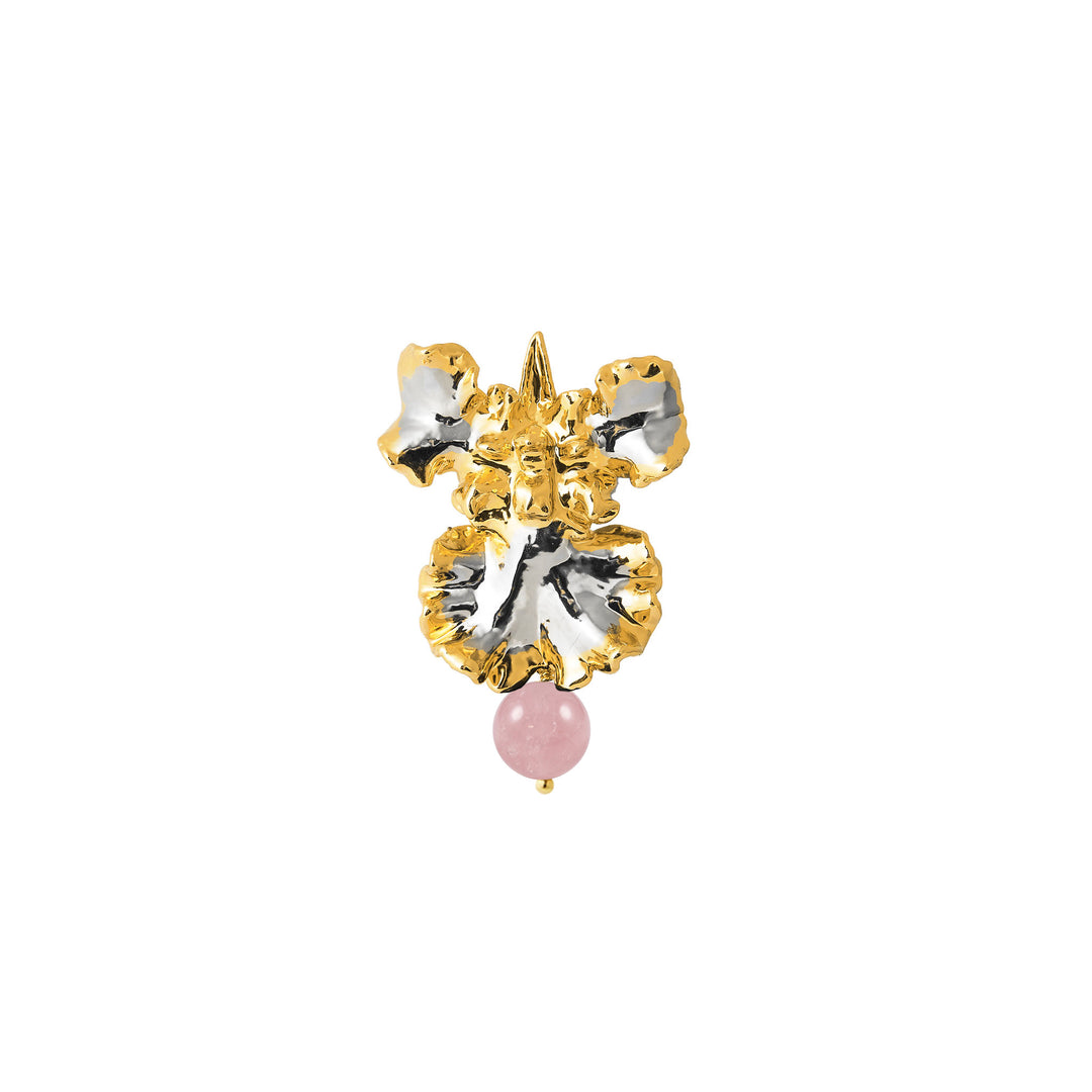 RISIS Oncidium Orchid Brooch in 24K Gold and Palladium with Rose Quartz