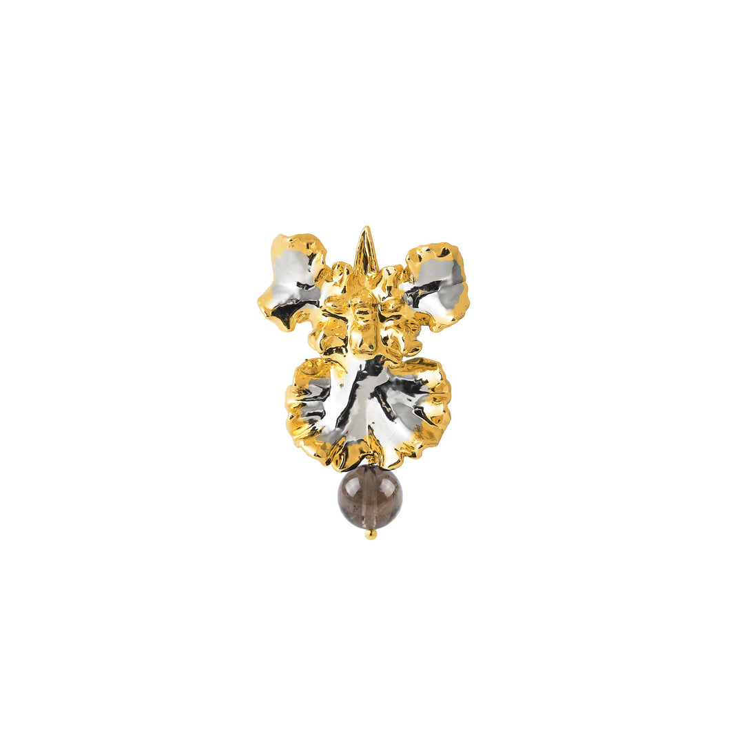 RISIS Oncidium Orchid Brooch in  24K Gold  and Palladium with Smoky Quartz 