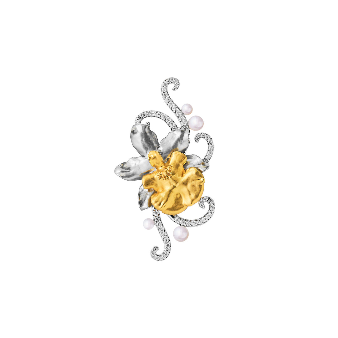 RISIS Oncidium Orchid Élan Brooch In 24K Gold and Palladium with Pearls and Moissanite