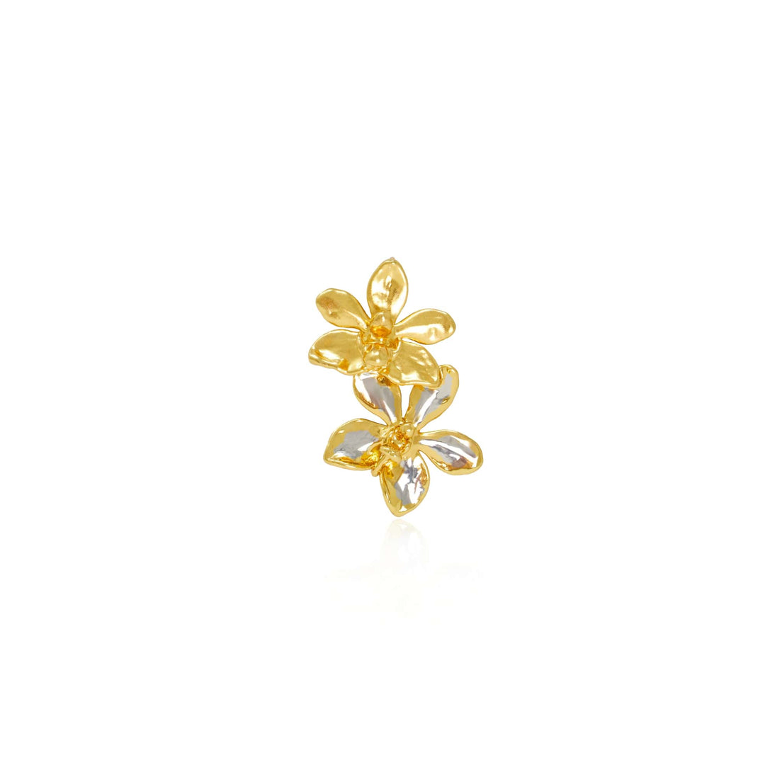 Risis Aeridovanda And Doritaenopsis Orchid Brooch - Golden flower-shaped jewelry with delicate, glossy petals, reflecting light, creating a subtle, luxurious appearance.