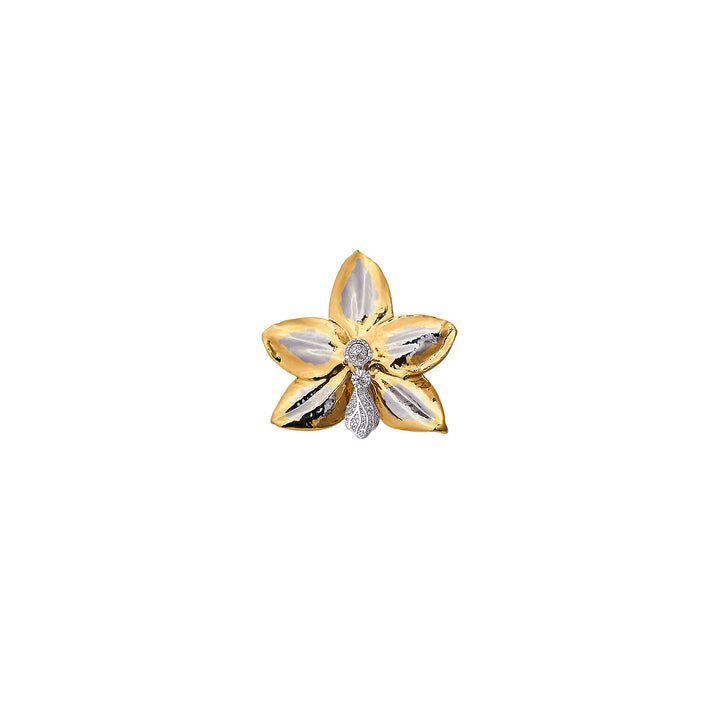 Gold-tone orchid brooch with pearl center and diamond-like accents
