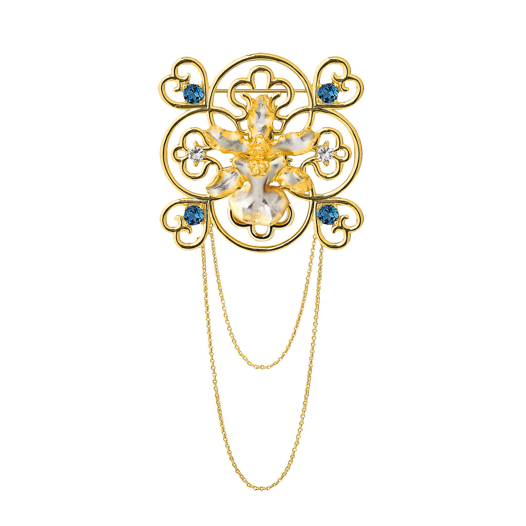 RISIS Peranakan Oncidium Orchid Brooch in Gold and Palladium with White and Blue Topaz
