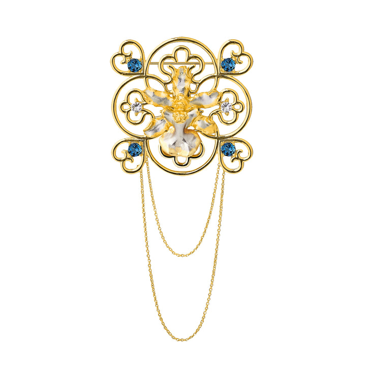 RISIS Peranakan Oncidium Orchid Brooch in Gold and Palladium with White and Blue Topaz