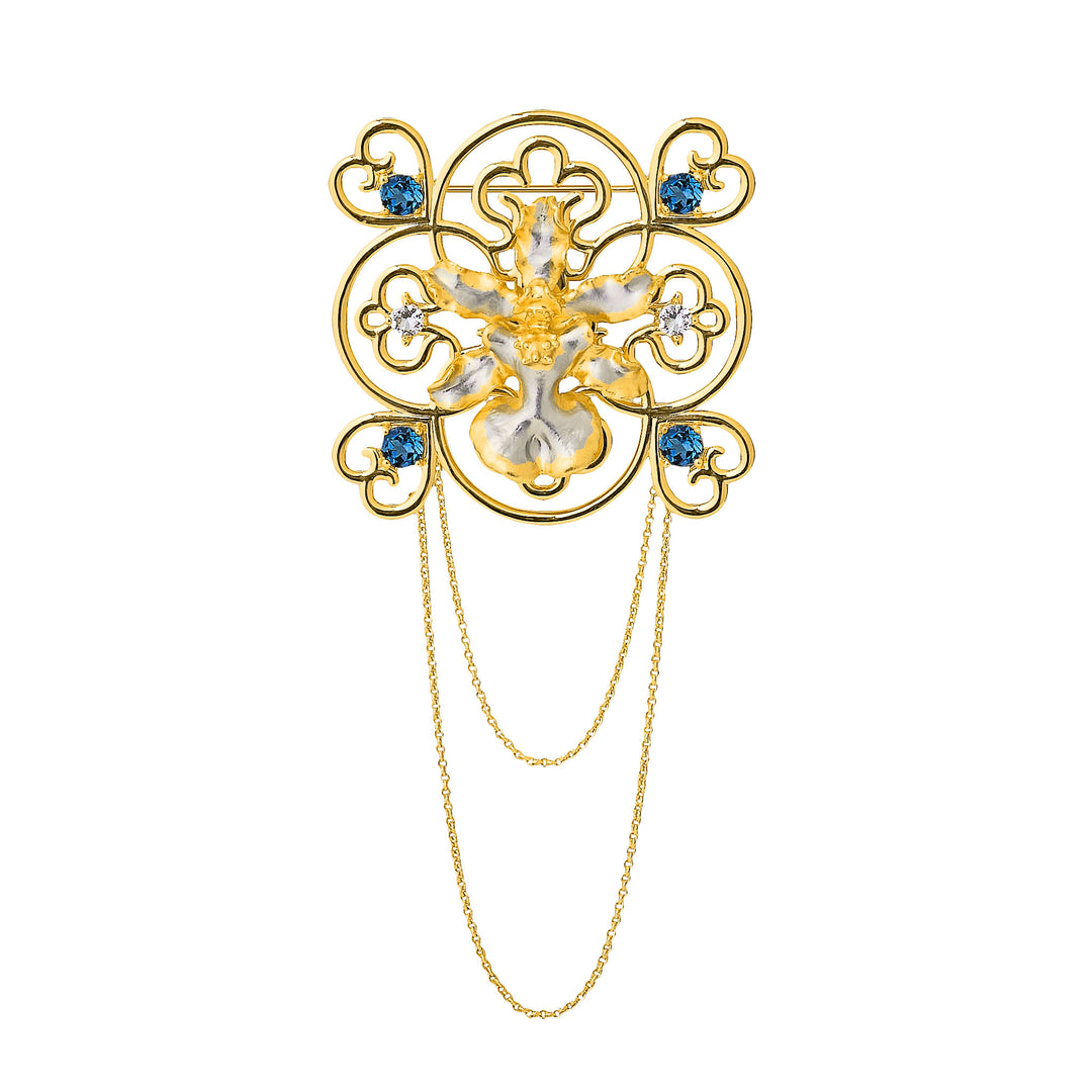 RISIS Peranakan Oncidium Orchid Brooch in Gold and Palladium with White and Blue Topaz