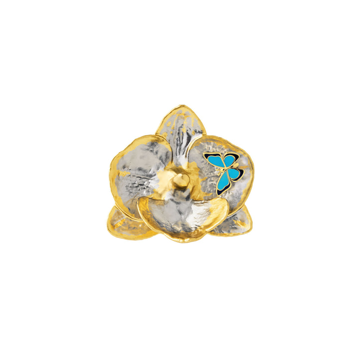 RISIS Butterfly-on-Orchid Brooch in 24K Swiss Gold and Palladium, with Light and Dark Blue Enamel