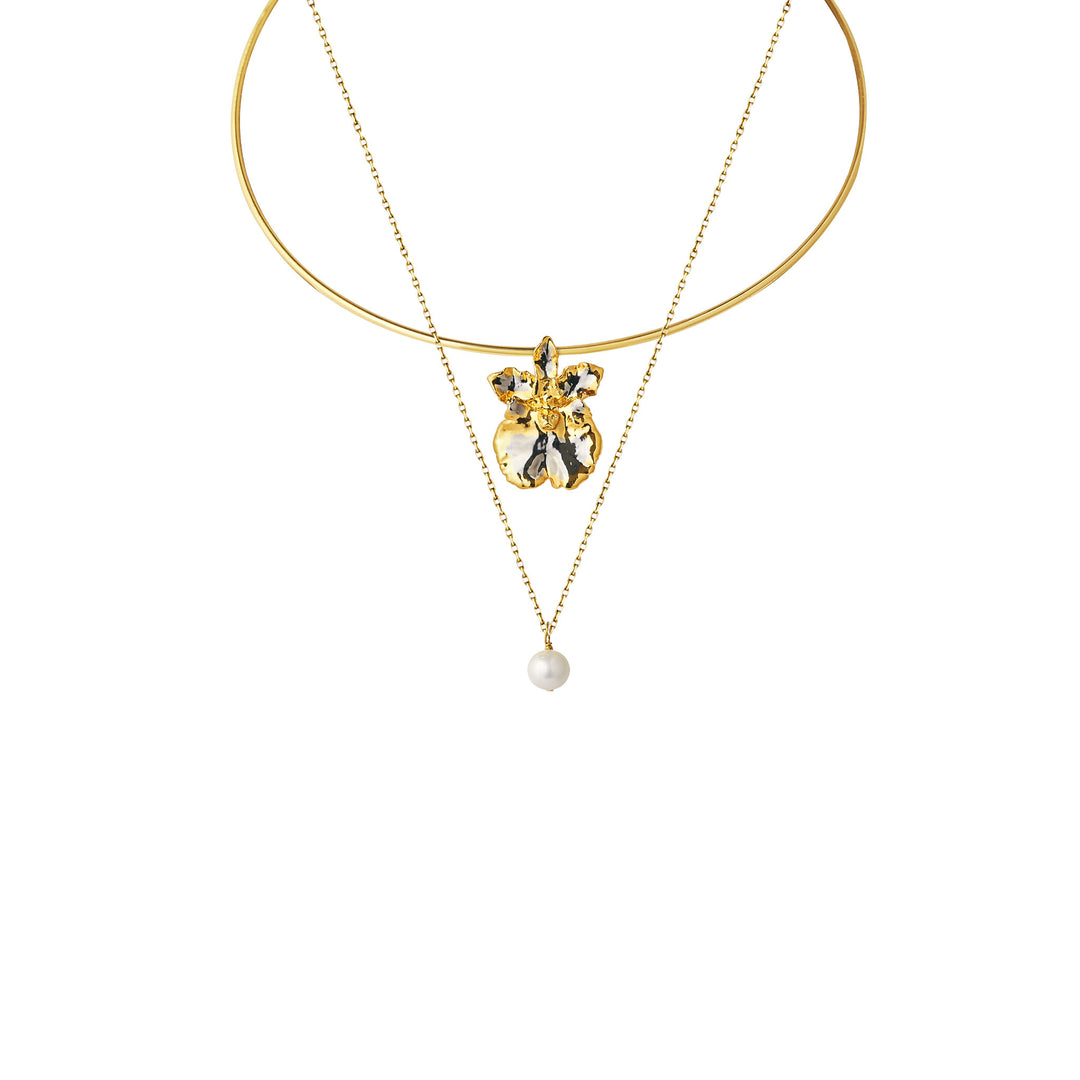 RISIS Coco Orchid Choker layered necklace encapsulated in 24K Swiss Gold and Palladium with Japanese Akoya Pearl
