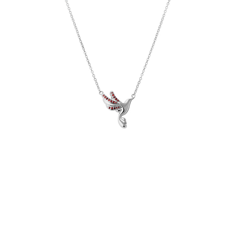 Sunbird Whispers Necklace in Rhodium with Red Garnet