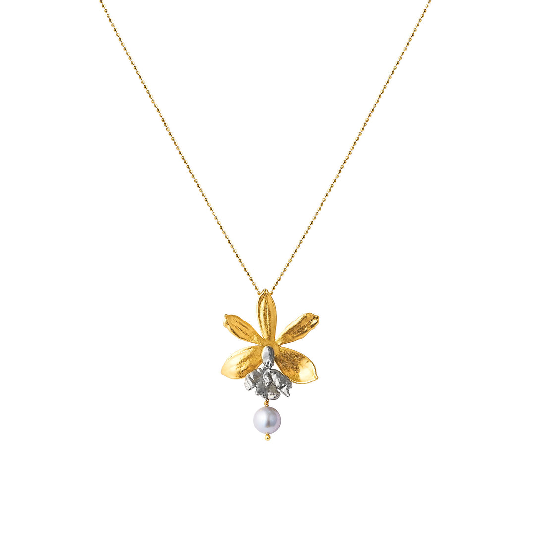 Enanthleya Orchid Necklace In Gold and Palladium with Akoya Pearl