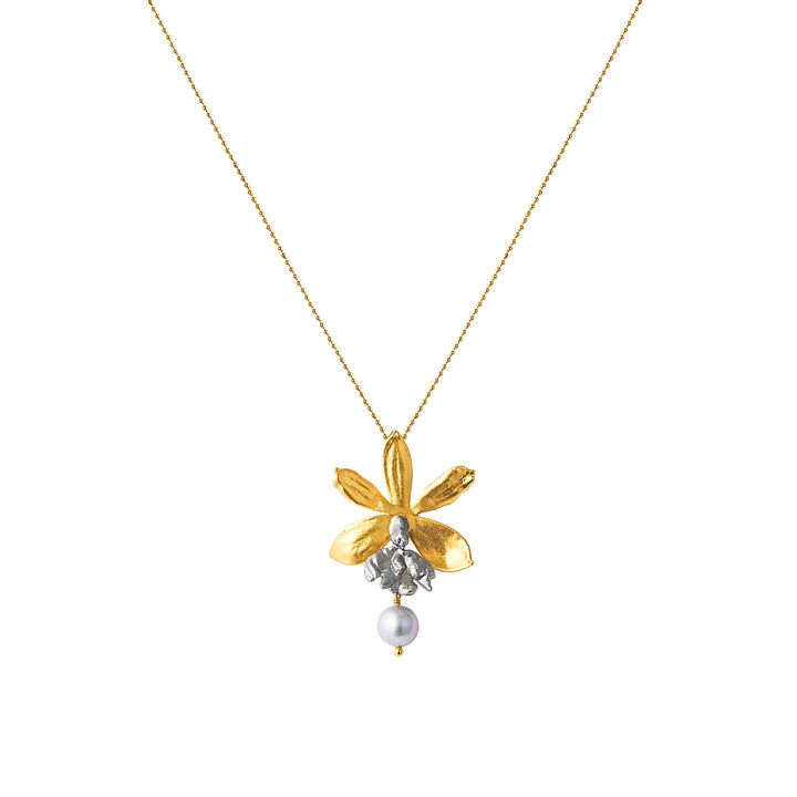 Gold-tone orchid pendant necklace with pearl drop and small crystal accents